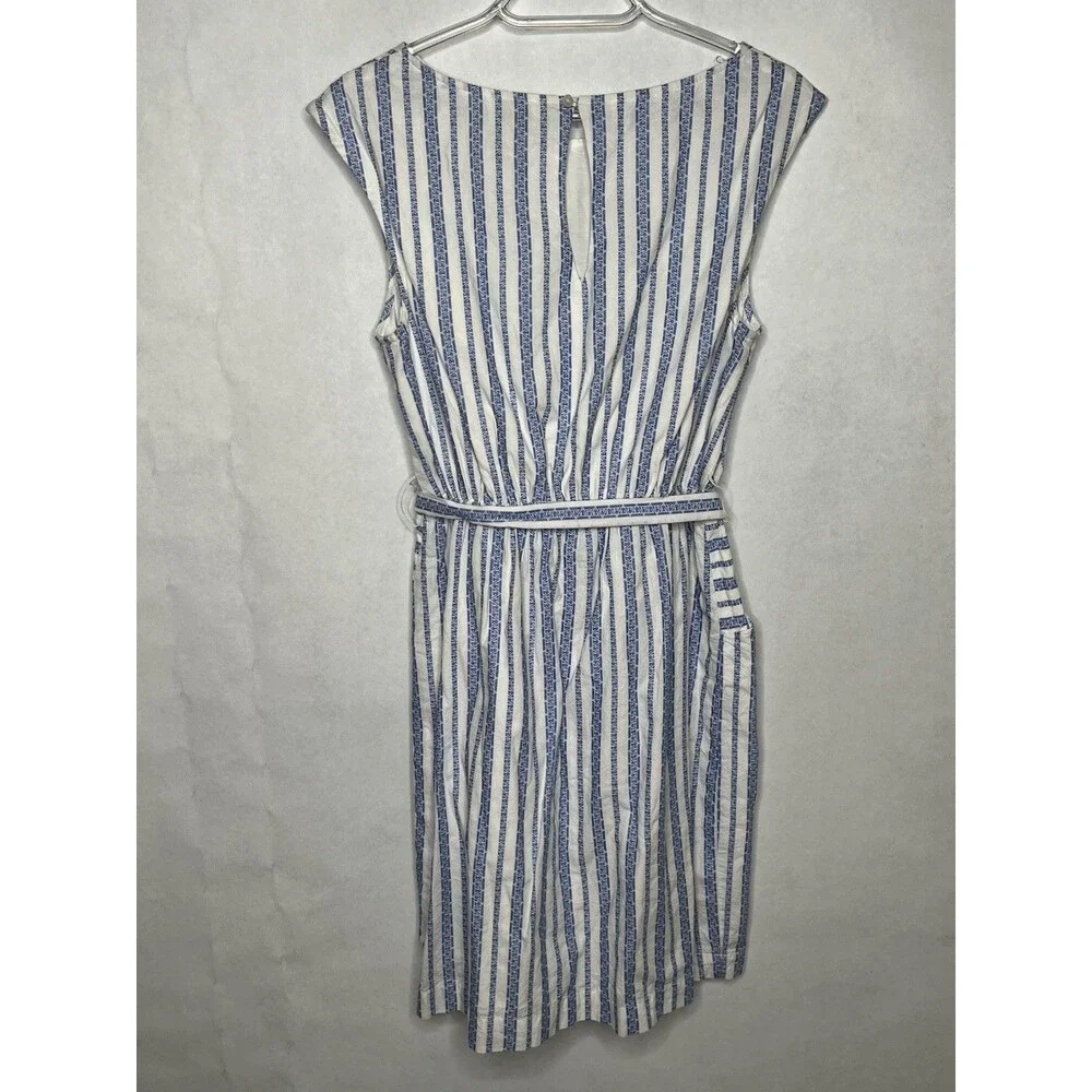 Merona Dress Women Size Small Blue White Striped Belted Pockets Cap Sleeve